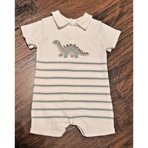 Tahari Baby Boys Knit Dinosaur Romper Cream Sage Green Striped 12M Cotton